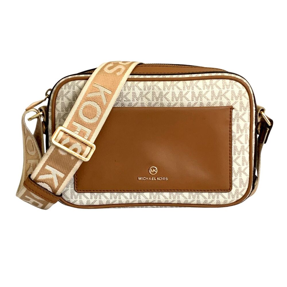 Michael Kors Maeve Large Crossbody Bag Vanilla Gold Canvas Logo Strap